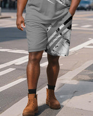Big & Tall Men's Business Grey Geometric Ink Print Short Sleeve Polo Shirt Shorts Suit