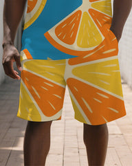 Big Men's Vibrant Orange Printed Summer Casual Short-Sleeve Polo Shirt & Shorts Set