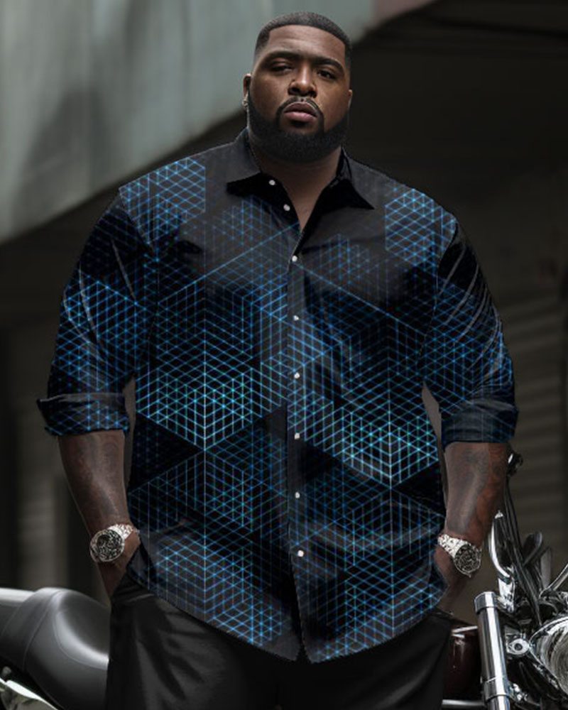 Big Guy's Casual Business Geometric Long Sleeve Shirt Pants Set