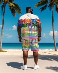 Big & Tall Men's Hawaiian Color Plaid Coconut Graffiti Print Round Neck Short Sleeve T-Shirt Shorts Suit
