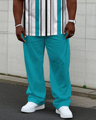 Men's Plus Size Casual Vertical Stripe Lake Blue Printed Short-sleeved T-shirt Trousers Suit