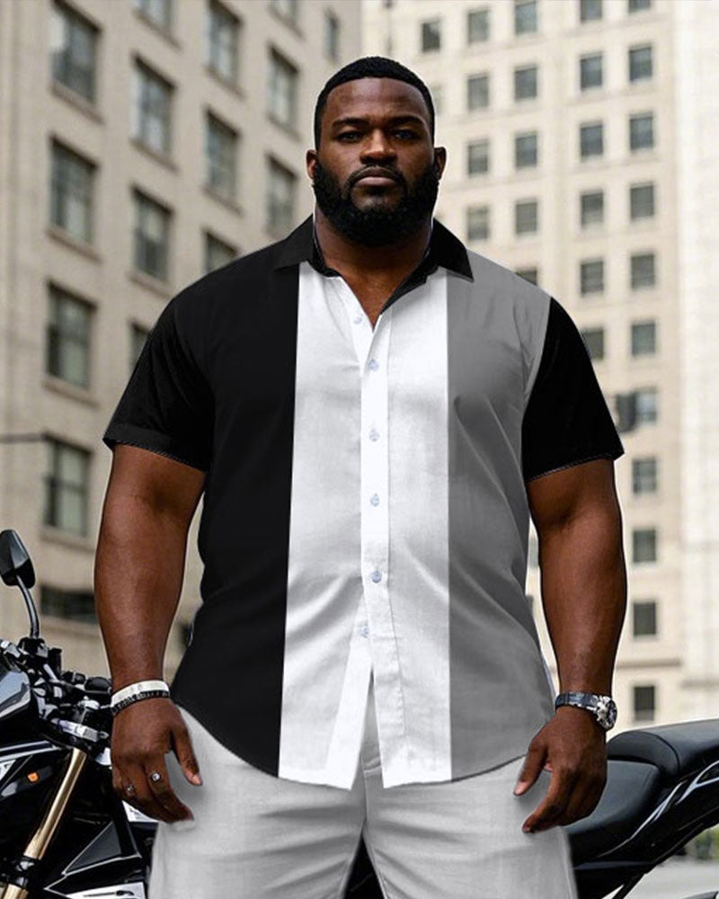 Men's Plus Size Classic Black & White & Grey Colorblock Short Sleeve Shirt Trousers Suit