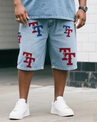 Plus Size Boy's Figure 9 Print Short Sleeve Shorts Denim Suit