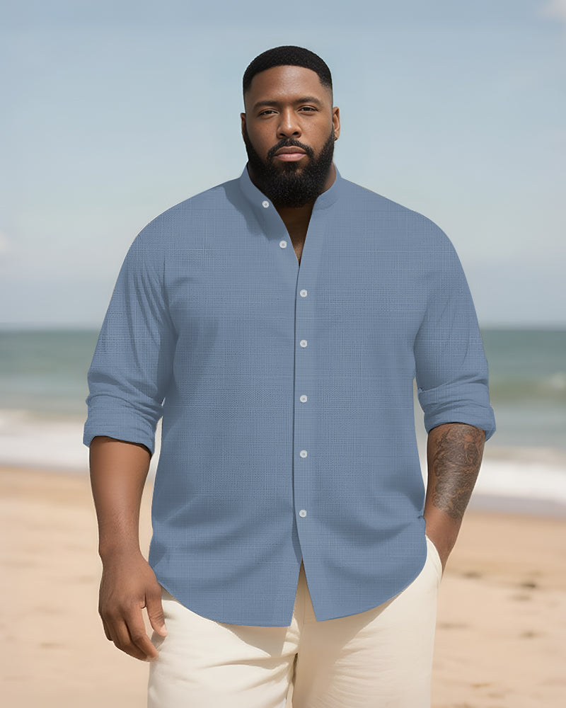 Big & Tall Men's Daily Solid Color Bamboo Hemp Texture Stand Collar Long Sleeve Shirt