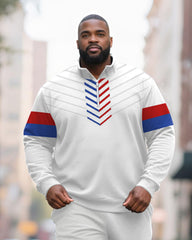 Big & Tall Men's Red And Blue Striped Contrast Printed POLO Collar Zipper Long Sleeve Pants Two-piece Set