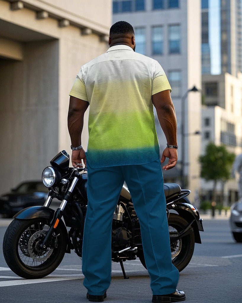 Men's Plus Size White & Yellow & Green & Blue Contrast Color Gradient Chest Small Label Short Sleeve Shirt Pants Suit