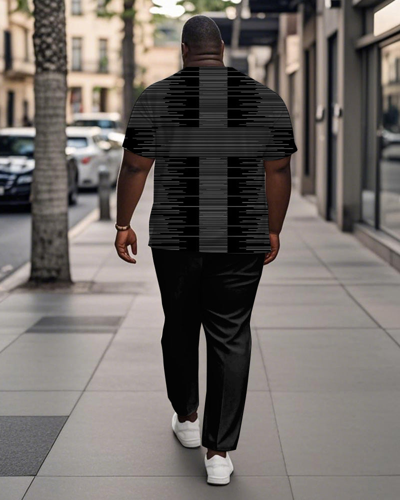 Men's Plus Size Black Grey Stripe Colorblock Alphabet Print Henry Collar T-Shirt Trousers Suit