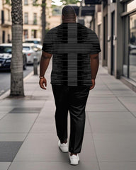Men's Plus Size Black Grey Stripe Colorblock Alphabet Print Henry Collar T-Shirt Trousers Suit