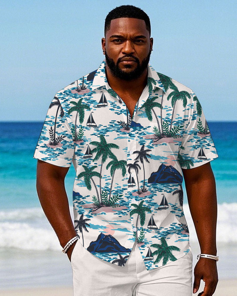 Men's Plus Size Hawaiian Coconut Tree Sailing Print White Shirt Shorts Suit