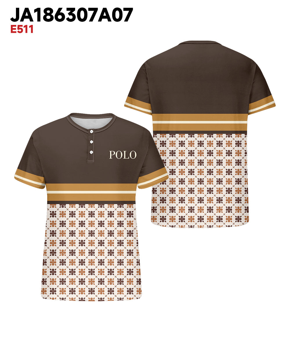 Men's Plus Size Daily Casual Brown Striped Alphabet Print Henry Collar Button Short Sleeve Tee