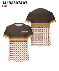 Men's Plus Size Daily Casual Brown Striped Alphabet Print Henry Collar Button Short Sleeve Tee