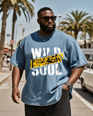 Plus Size Men's Tiger Creative English Print Blue Denim Short Sleeve T-Shirt