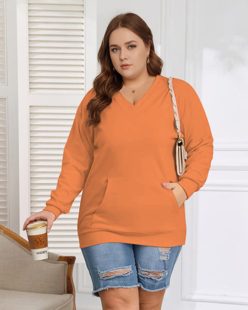 Women's Big And Tall Solid Color V-Neck Kangaroo Pocket Pullover Sweatshirt