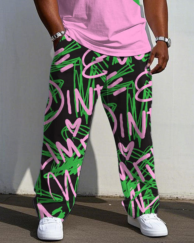 Men's Plus Size Street Graffiti Pink & Green Distinctive Stitching Short-sleeved T-shirt Trousers Suit
