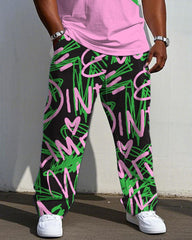 Men's Plus Size Street Graffiti Pink & Green Distinctive Stitching Short-sleeved T-shirt Trousers Suit