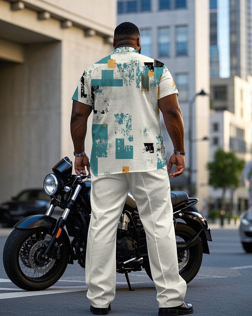 Men's Plus Size Business Apricot Distinctive Shedding Effect Printed Daily Casual Short Sleeve Shirt Trousers Suit