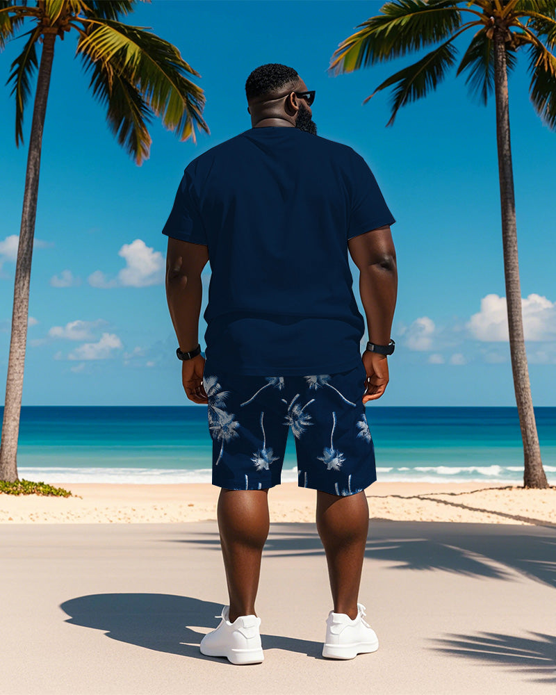 Big & Tall Men's Hawaiian Blue Coconut Print Round Neck Short Sleeve T-Shirt Shorts Suit