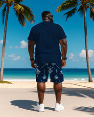 Big & Tall Men's Hawaiian Blue Coconut Print Round Neck Short Sleeve T-Shirt Shorts Suit