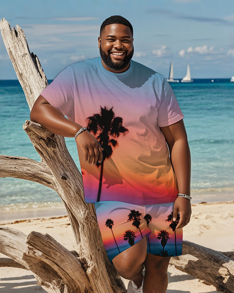 Men's Plus Size Hawaiian Gradient Sunset Coconut Tree Print Short-sleeved T-shirt Shorts Suit