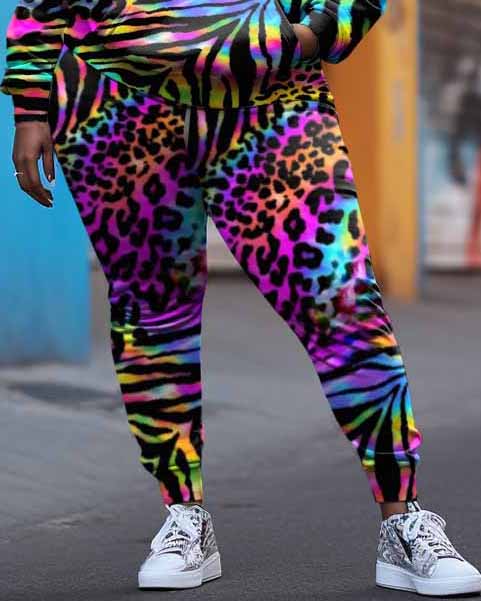Women's Big & Tall Street Graffiti Colorful Leopard Print Hoodie Set
