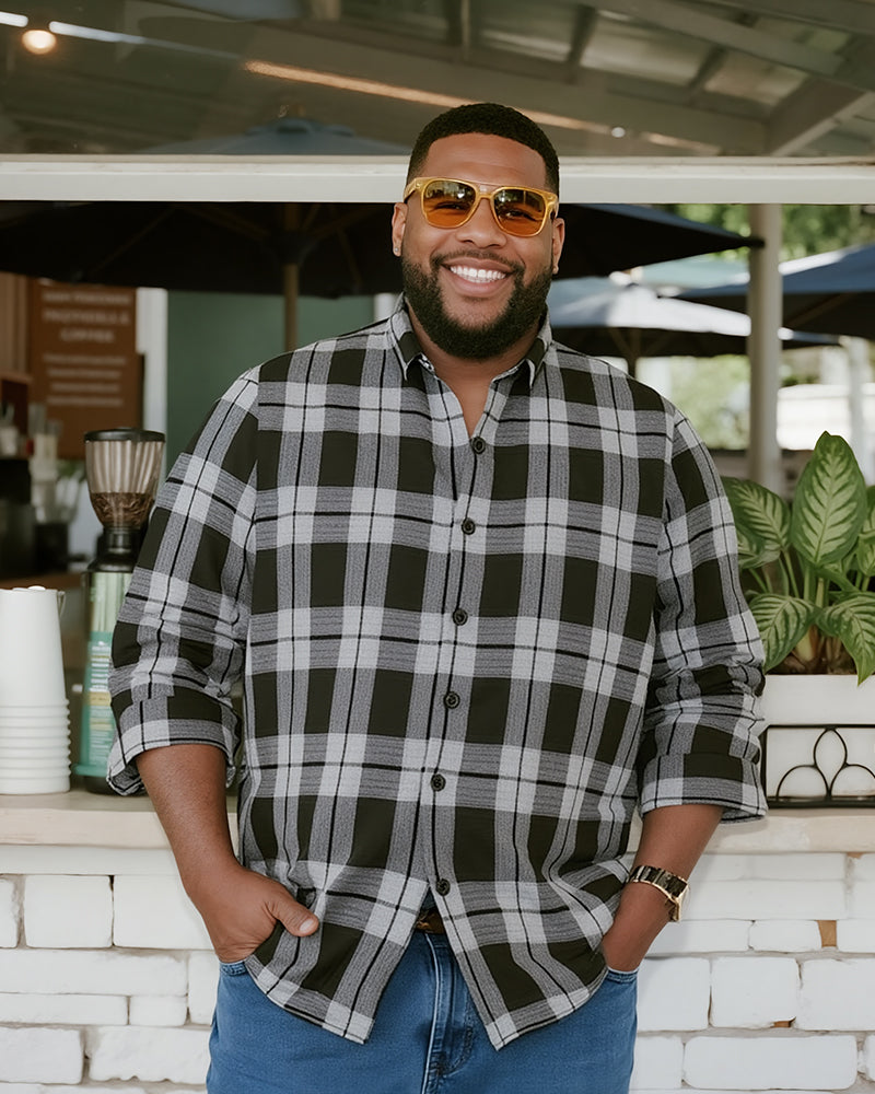 Big & Tall Men's Black-autumn/winter Commuter Plaid Flannel Fabric Long Sleeve Shirt