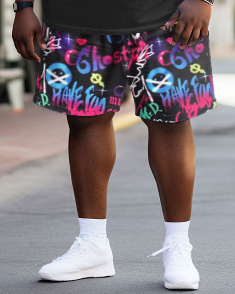 Men's Plus Size Street Cartoon Bear Summer Graffiti Short Sleeve Shorts Suit