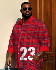 Big Men's Gentlemen Style 23 Red Plaid Printed Daily Casual Long Sleeve Shirt Pants Set