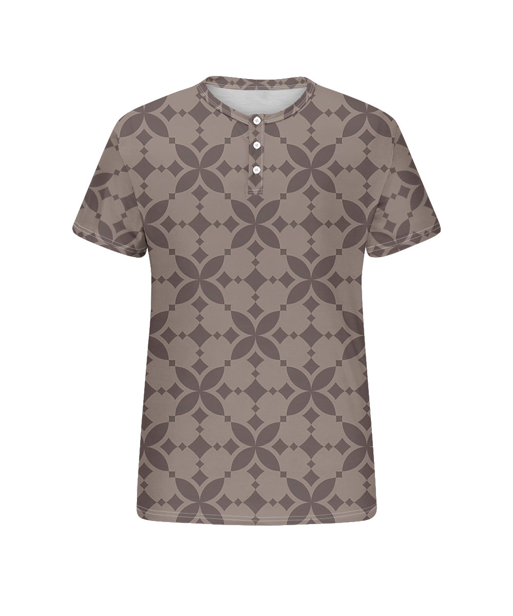 Men's Plus Size Daily Casual Brown Diamond Geometric Print Henley Collar Button Short Sleeve Tee