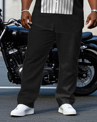 Men's Plus Size Black Front Stitching Striped Fabric Short Sleeve Shirt Trousers Suit