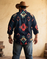 Men's Plus Size Retro Western Denim Classic Royal Blue Long Sleeve Shirt