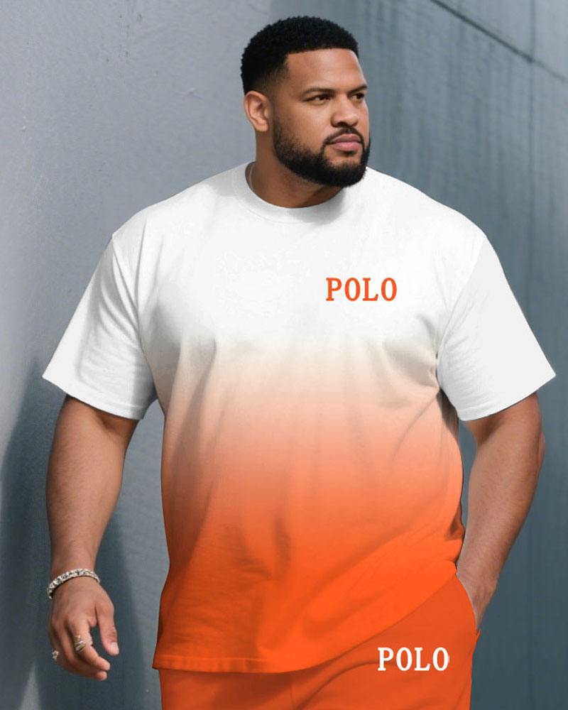 Men's Plus Size Street Fashion Orange Gradient Small Label Printed Round Neck Short Sleeve T-Shirt Shorts Suit