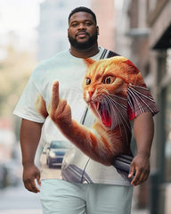 Men's Plus Size Blue Fun Cat Print Short Sleeve T-Shirt Shorts Suit
