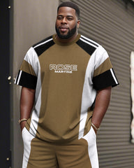 Men's Plus Size Functional Striped Stitching Print Short Sleeve T-Shirt Shorts Suit