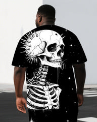 Men's Casual Skull Illustration Back Print Big & Tall Breathable Short-Sleeve T-shirt Shorts Set