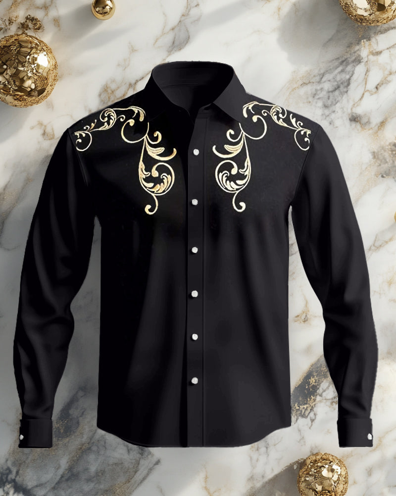 Men's Large Size Ethnic Style Black Gold Totem Lapel Long Sleeve Shirt