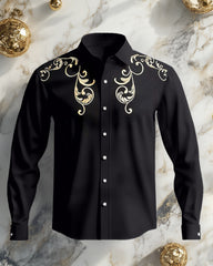 Men's Large Size Ethnic Style Black Gold Totem Lapel Long Sleeve Shirt