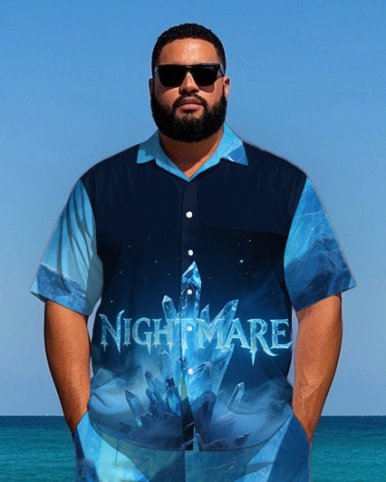 Big Men's Splicing Style Glacier NIGHTMARE Lettering Short-Sleeve Shirt and Shorts Set