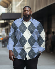 Men's Large Size Business Casual Blue Diamond Plaid Lapel Long-Sleeved Shirt