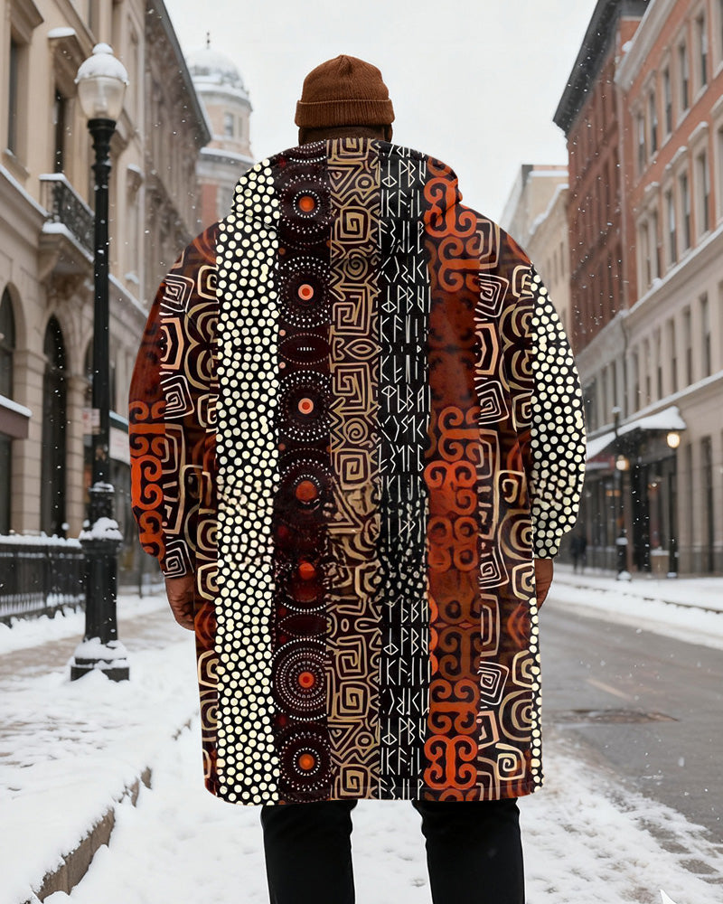 Big & Tall Men's Tribal Geometric Pattern Printed Velvet Thickened Long Hooded Coat