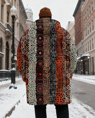 Big & Tall Men's Tribal Geometric Pattern Printed Velvet Thickened Long Hooded Coat