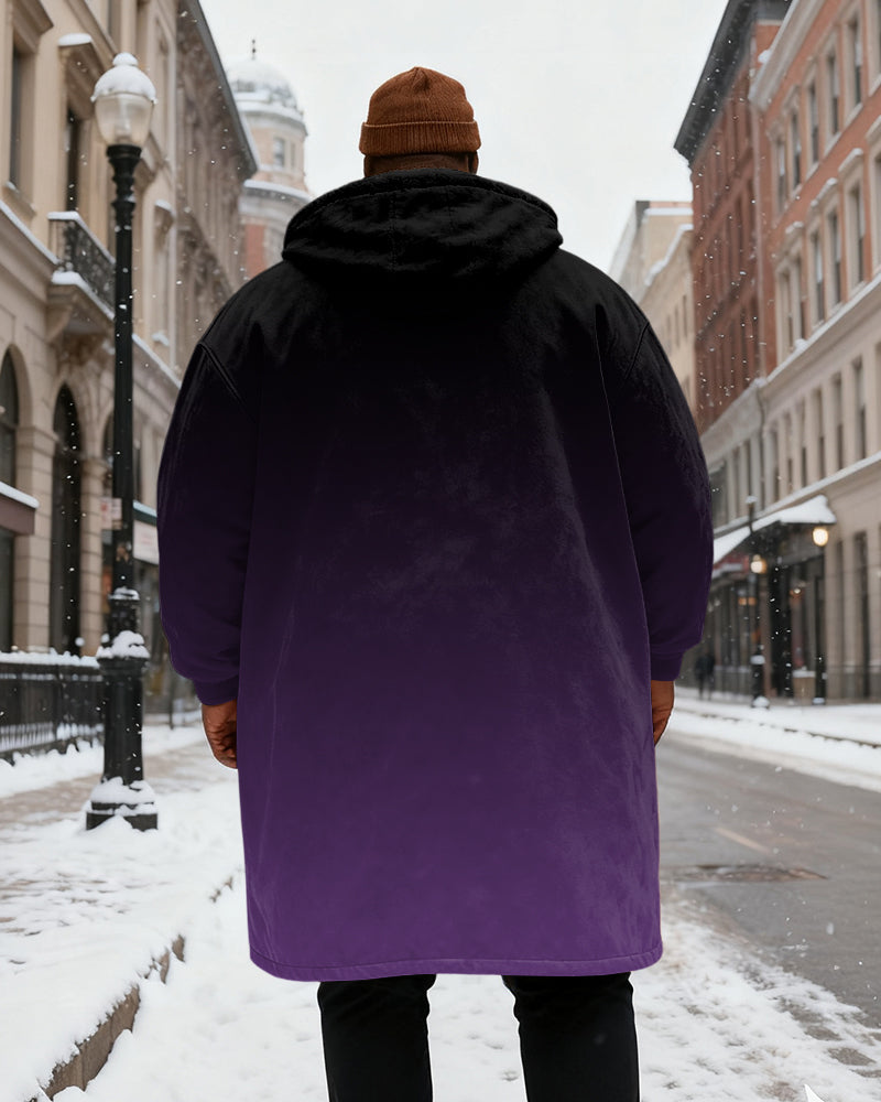 Big & Tall Men's Gradient King Alphabet Printed Velvet Thickened Long Hooded Exterior
