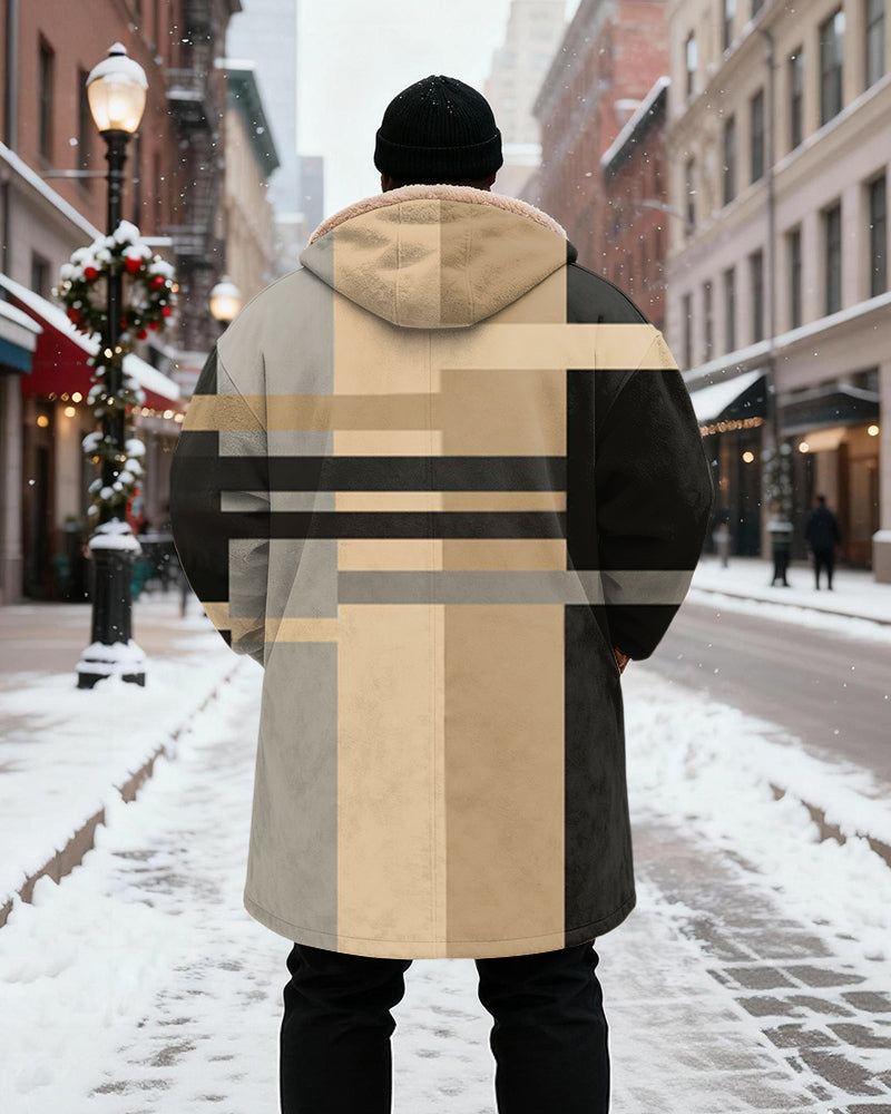 Big & Tall Men's Brown Black Grey Geometric Patchwork Printed Velvet Thickened Long Hooded Coat