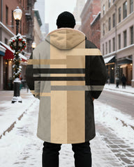 Big & Tall Men's Brown Black Grey Geometric Patchwork Printed Velvet Thickened Long Hooded Coat