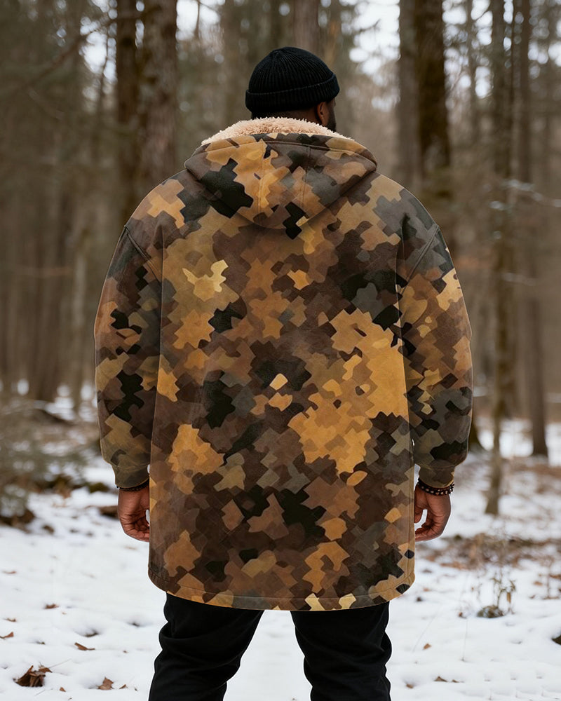 Big & Tall Men's Hunting Style Yellow Brown Black Geometric Camouflage Printed Velvet Thickened Long Hooded Coat