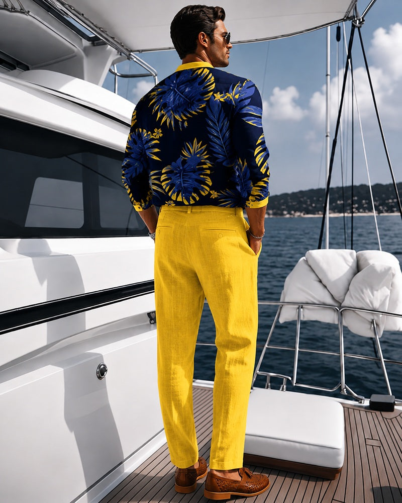 S-3XL Tropical Palm-Leaf Print Henley-Neck Shirt And Drawstring Pants Two-Piece Set