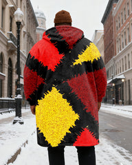 Big & Tall Men's Red, Black And Yellow Contrast Geometric Printed Velvet Padded Long Hooded Coat