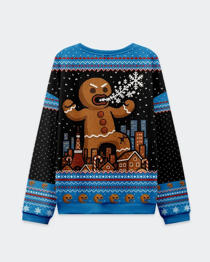 Big & Tall Men's Christmas Blue Gingerbread Man Print Crewneck Ugly Sweater