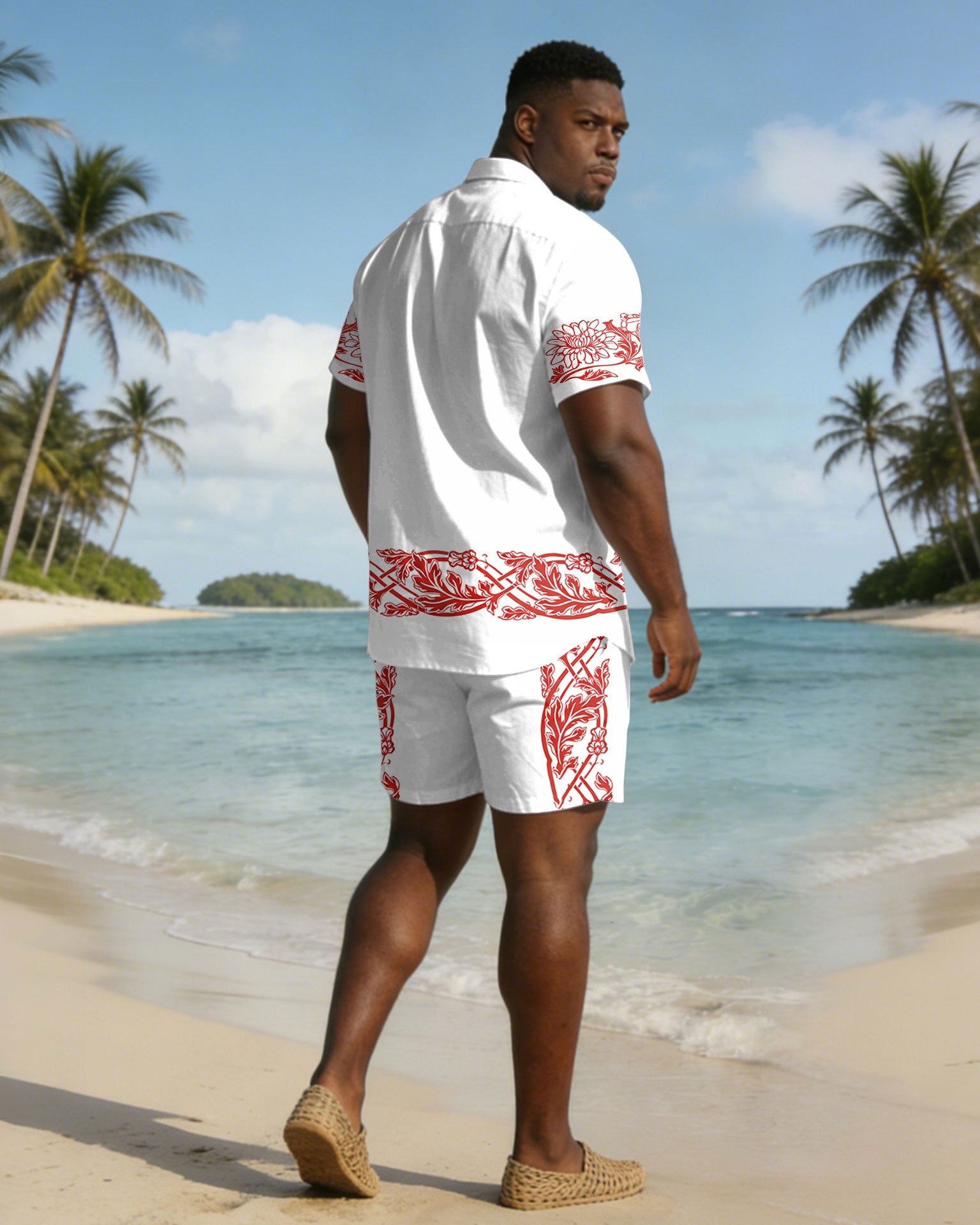 Men's Plus Size White Symmetrical Print Short Sleeve Shirt Shorts Set