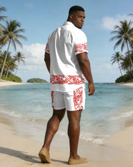 Men's Plus Size White Symmetrical Print Short Sleeve Shirt Shorts Set