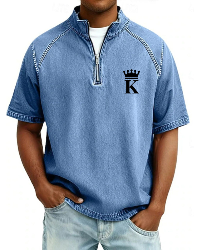 S-4XL Crown K Letter Print Wash Half-Zip Short-Sleeve Polo Shirt